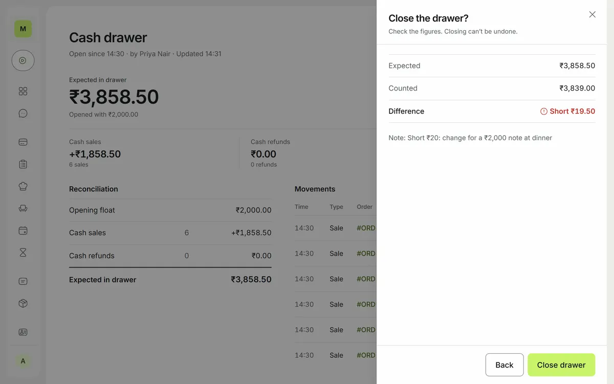 Closing the cash drawer: expected, counted and the difference recorded.