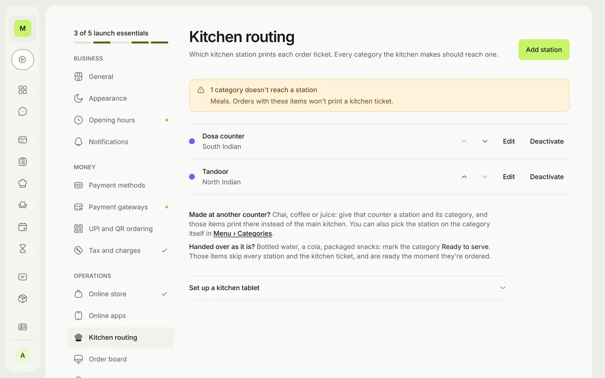 Kitchen stations settings, with the categories routed to each station.
