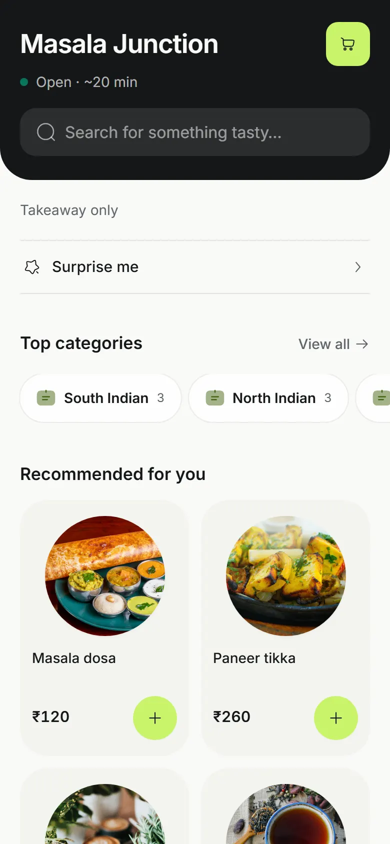 The restaurant's own takeaway ordering page, open with a 20 minute wait, categories and recommended dishes.