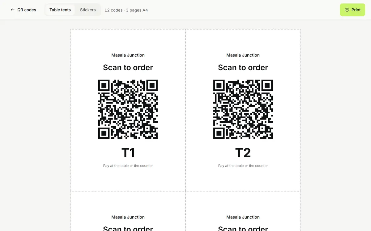 Printable QR codes, one for each table.