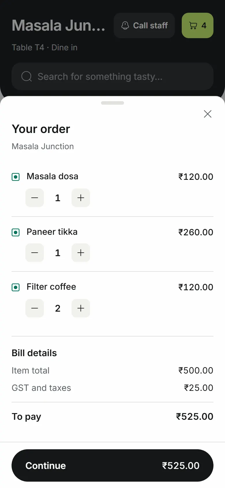 The ordering page's cart on a phone, with the items and the total.